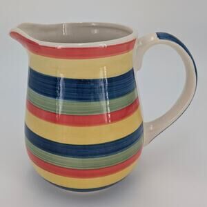 Rainbow Striped Pitcher Hand Painted Jug Ceramic VTG Swirl Multicolor Beverage
